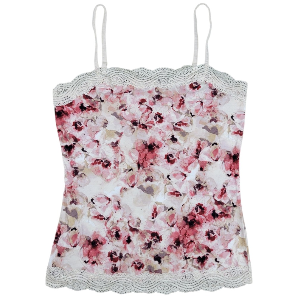 Ann Taylor Camisole Womens M Pink Floral‎ Lace Trim Cami Tank Top Coquette Fairy